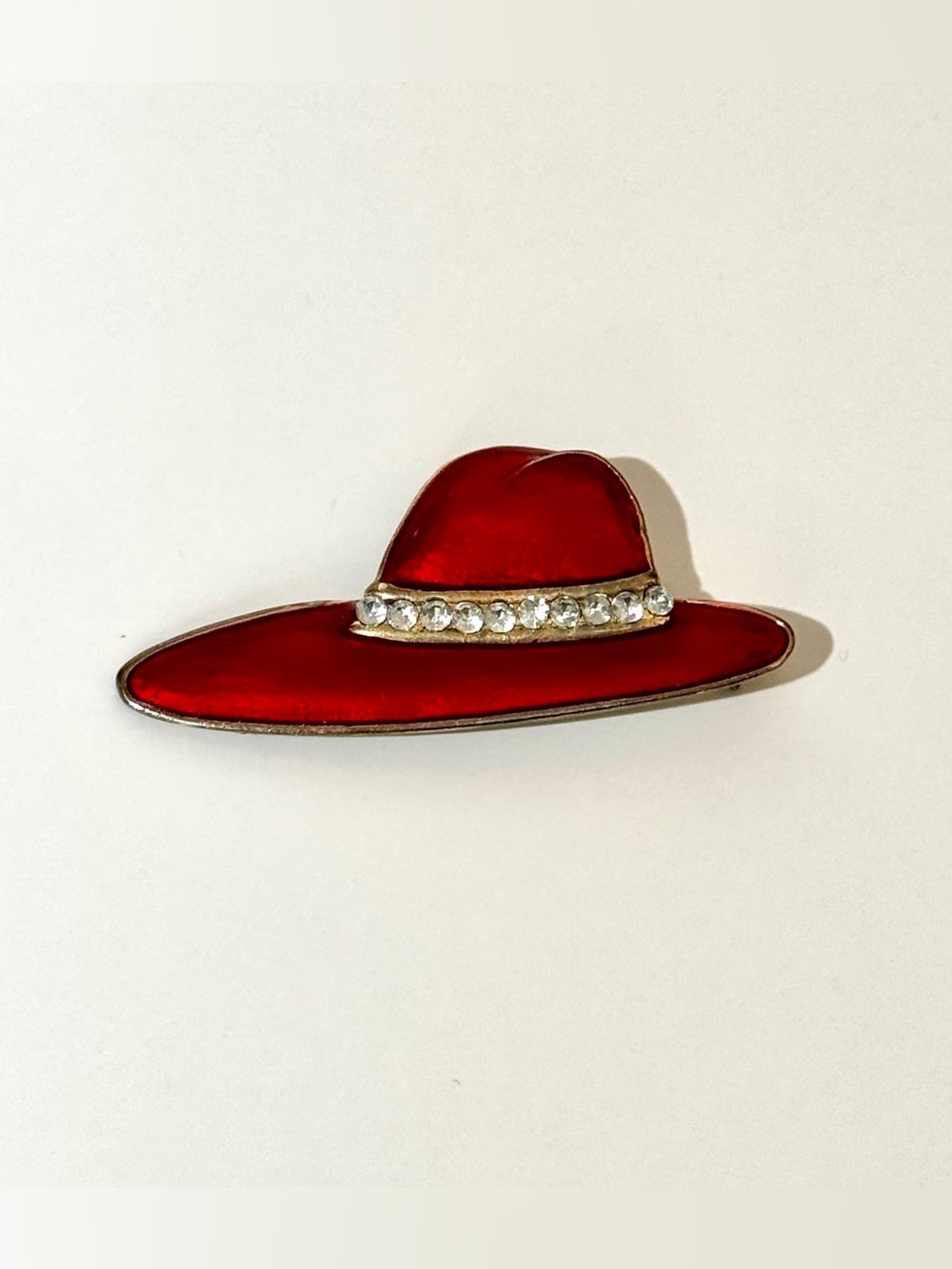 Vintage Red Enamel Hat Brooch Accented With Rhinestones